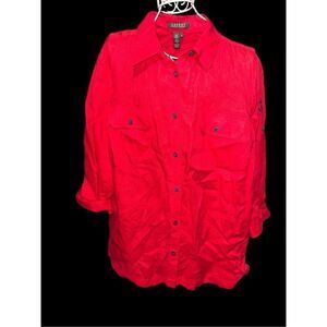 Beautiful RED Lauren Ralph Lauren Blouse Button 100% Linen Red Nautical Top Wome